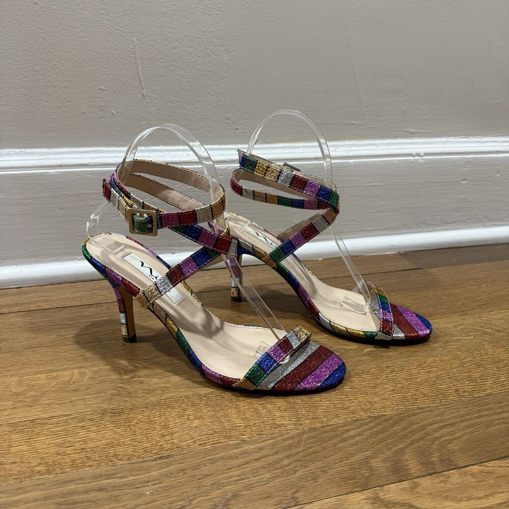 Nina Vanna Rainbow Sparkle Stripe Metallic Fabric Strappy Stiletto Heels Sz 7.5